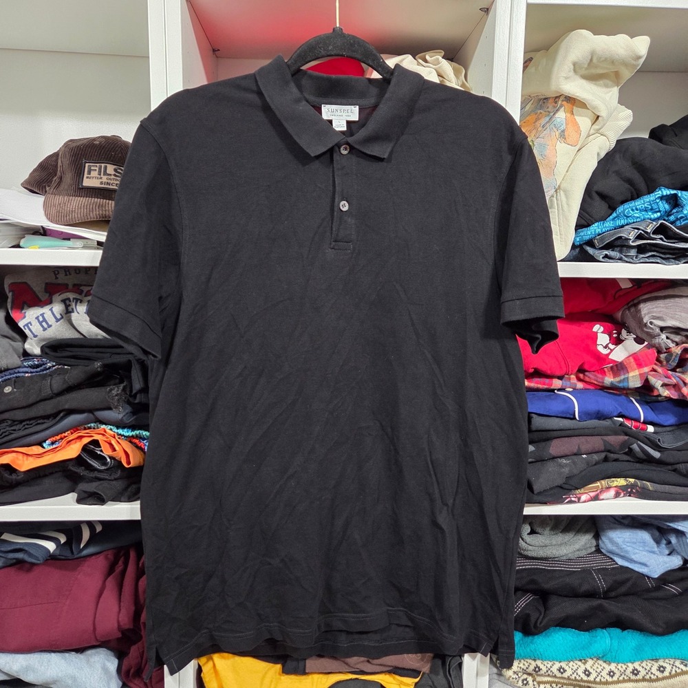 Sunspel Mens Riviera Polo Shirt Black Cotton Mesh Short Sleeve Size L Portugal